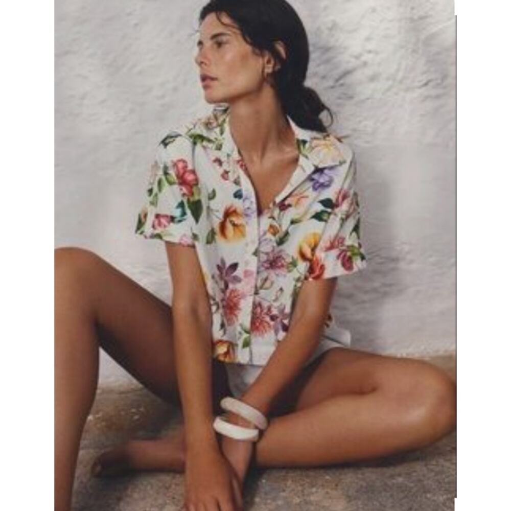 NWT Zara floral-print cropped boxy oversized short sleeves white shirt sz. XS - Picture 2 of 9
